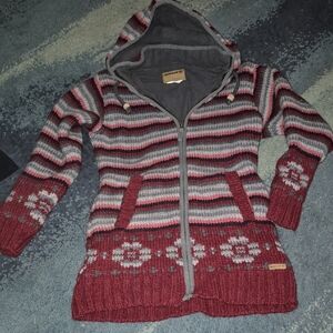 Laundromat Red and Gray Fleece Lined Striped Full Zip Cardigan